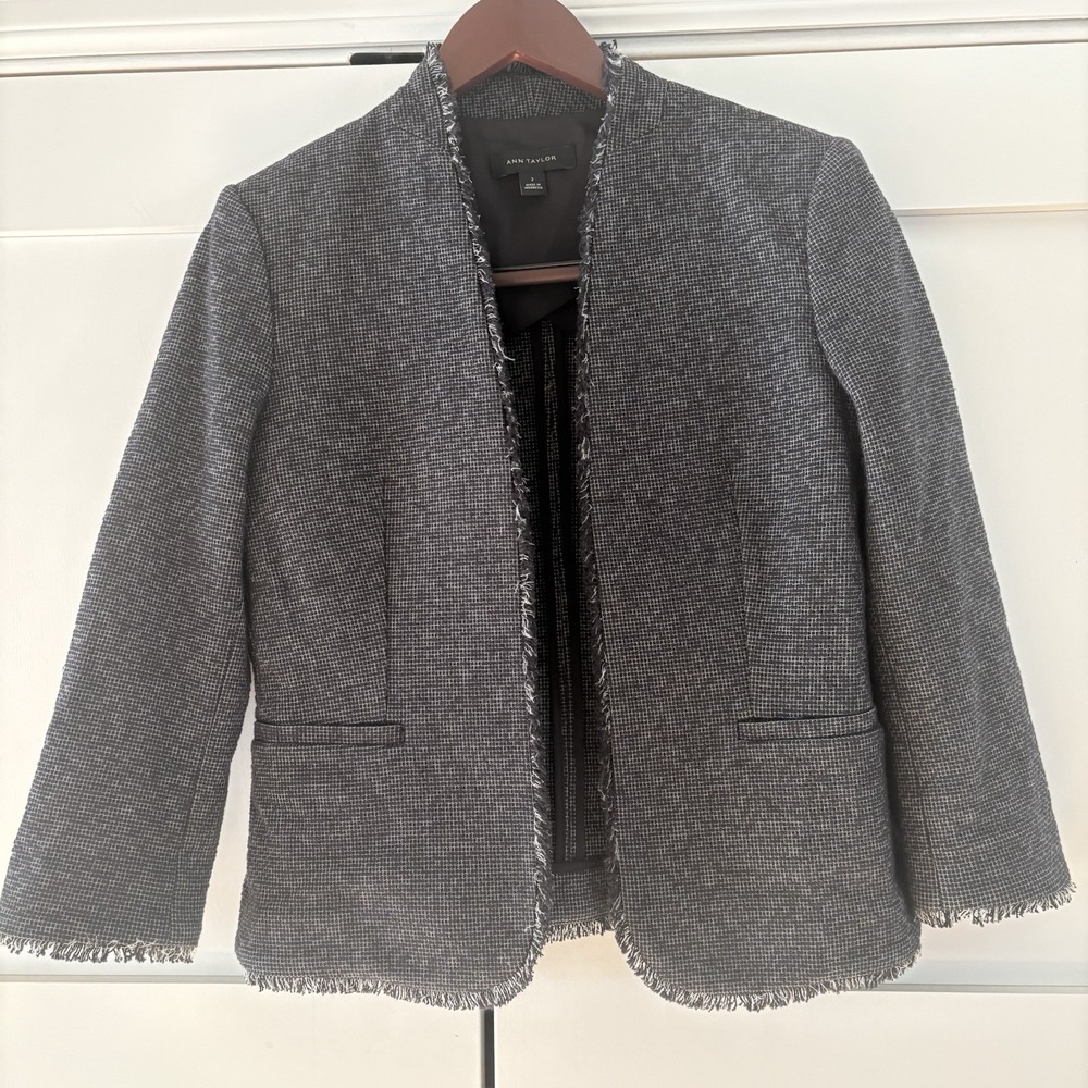 ANN TAYLOR Black And White Tweed‎ Open Front Blazer Jacket Size 2